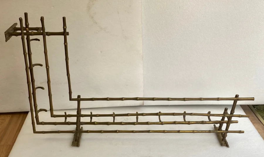 1970s Wall-Mounted Corner Coat and Hat Rack, Bamboo Design, Maison Baguès in Bronze