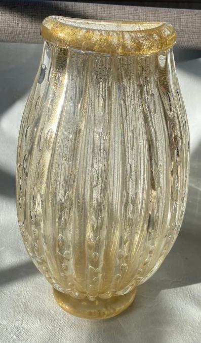 1970s Murano Crystal Vase with Gold Leaf Inclusions, Signed Murano Alberto Dama
