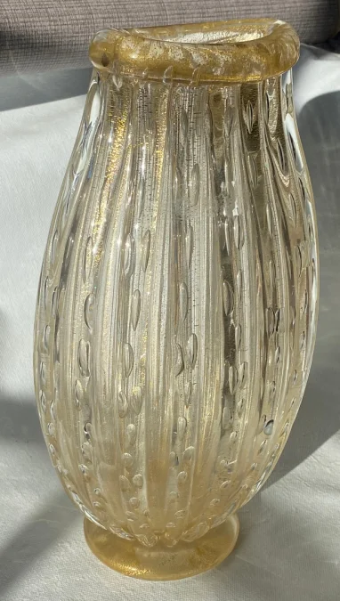 1970s Murano Crystal Vase with Gold Leaf Inclusions, Signed Murano Alberto Dama