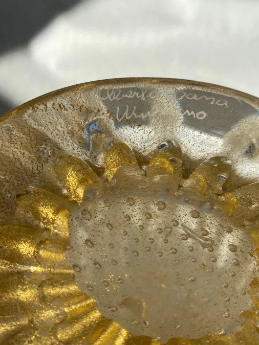 1970s Murano Crystal Vase with Gold Leaf Inclusions, Signed Murano Alberto Dama