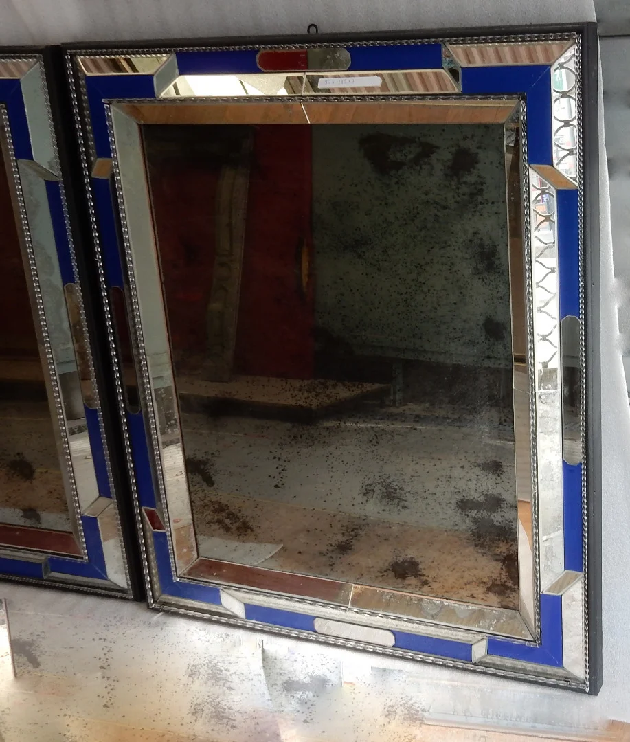 1970/80 Pair Of Venice Louis 14 Style Mirrors With Blue Glass Ornaments
