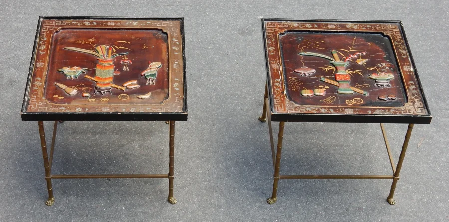 1950/70′ Pair of Bronze Sofa Ends with Bamboo Decor, Chinese Lacquer Tray Maison Baguès Style