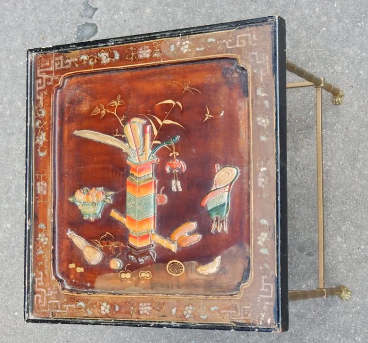 1950/70′ Pair of Bronze Sofa Ends with Bamboo Decor, Chinese Lacquer Tray Maison Baguès Style