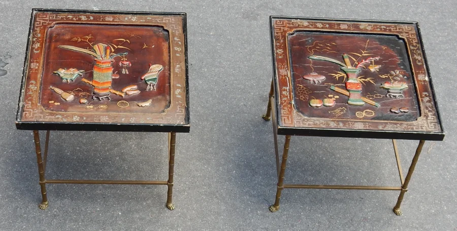1950/70′ Pair of Bronze Sofa Ends with Bamboo Decor, Chinese Lacquer Tray Maison Baguès Style