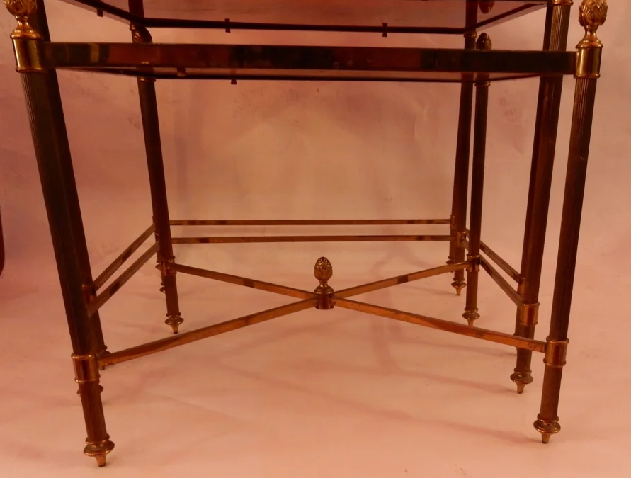 1970′ Series Of 3 Maison Baguès Nesting Tables In Gilt Bronze, 3 Amber-style Bakelite Trays