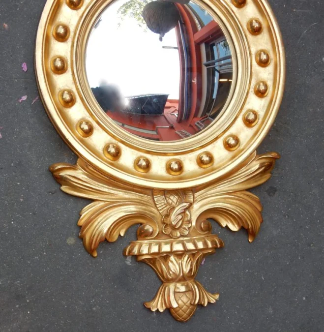 1950/70′ Convex Mirror with Eagle, Golden Wood