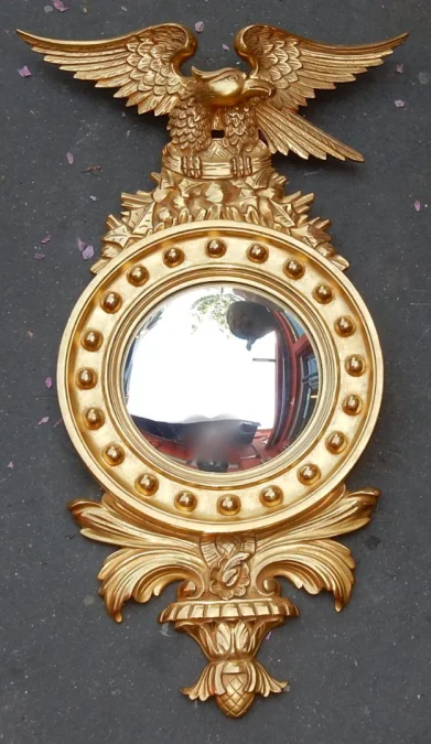 1950/70′ Convex Mirror with Eagle, Golden Wood