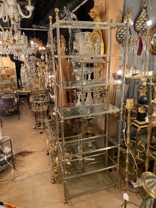 1970′ 7-Tier Shelf In Polished Iron And Gilt Bronze Rings Maison Jansen With Ball Capitals