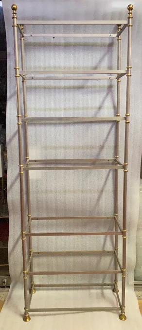 1970′ 7-Tier Shelf In Polished Iron And Gilt Bronze Rings Maison Jansen With Ball Capitals