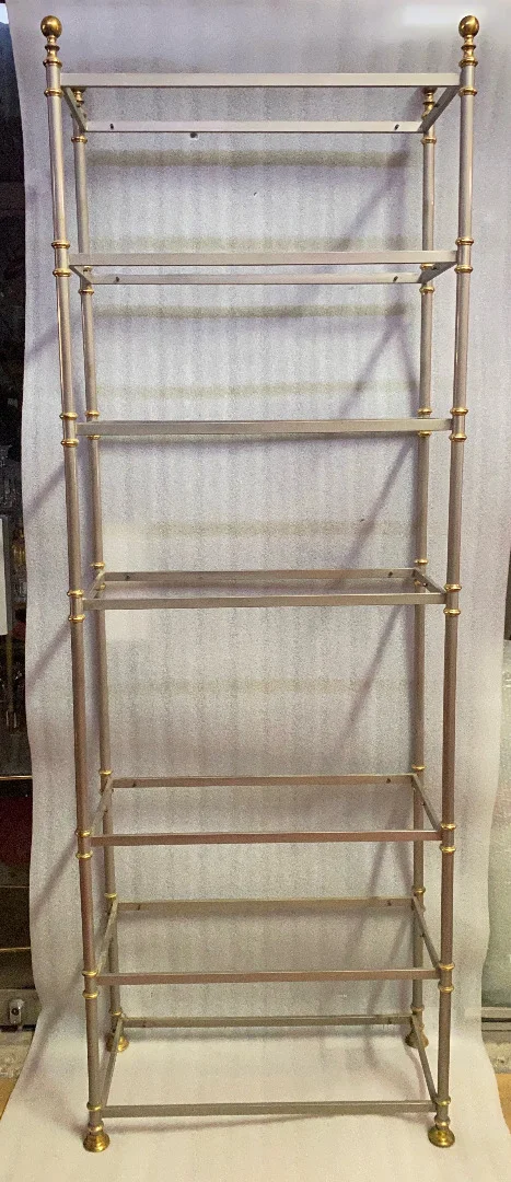 1970′ 7-Tier Shelf In Polished Iron And Gilt Bronze Rings Maison Jansen With Ball Capitals