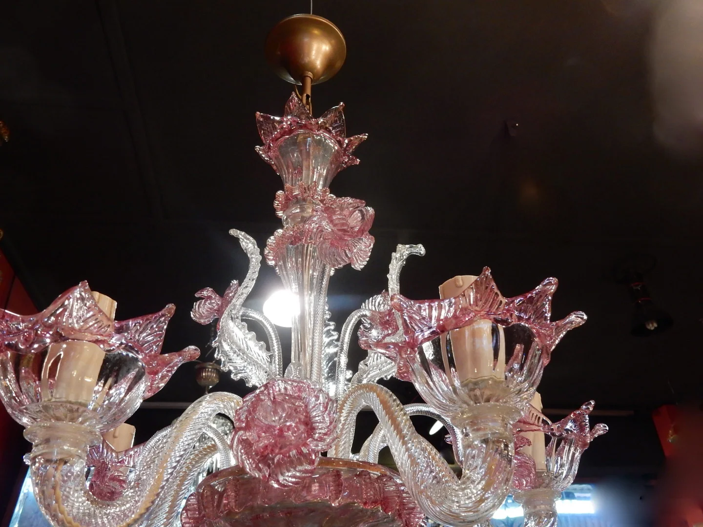 1950/70 Paire de Lustres Murano 5 Bras Cristal Naturel et Cristal Couleur Rose