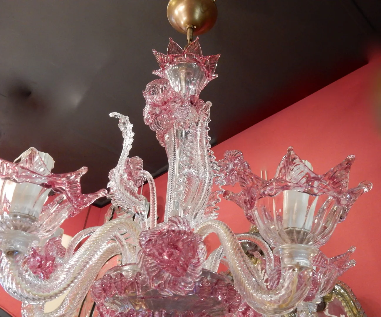 1950/70 Paire de Lustres Murano 5 Bras Cristal Naturel et Cristal Couleur Rose