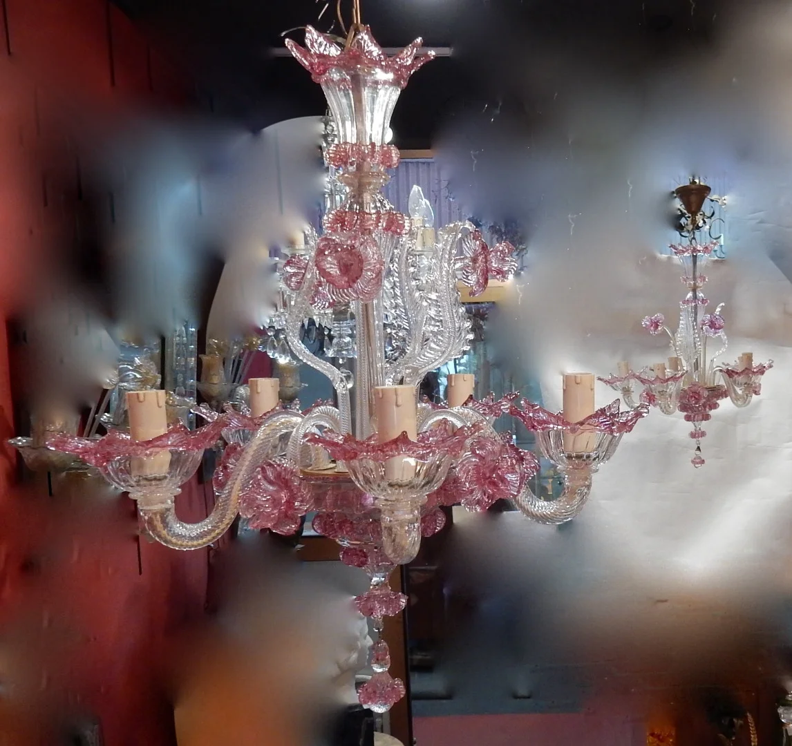 1950/70 Paire de Lustres Murano 5 Bras Cristal Naturel et Cristal Couleur Rose