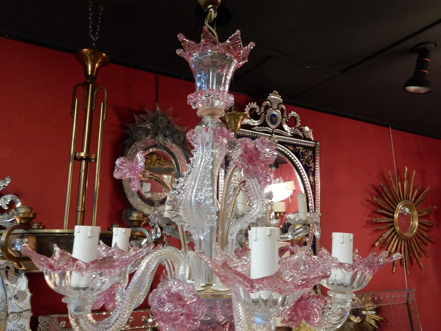 1950/70 Paire de Lustres Murano 5 Bras Cristal Naturel et Cristal Couleur Rose