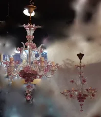 1950/70 Paire de Lustres Murano 5 Bras Cristal Naturel et Cristal Couleur Rose