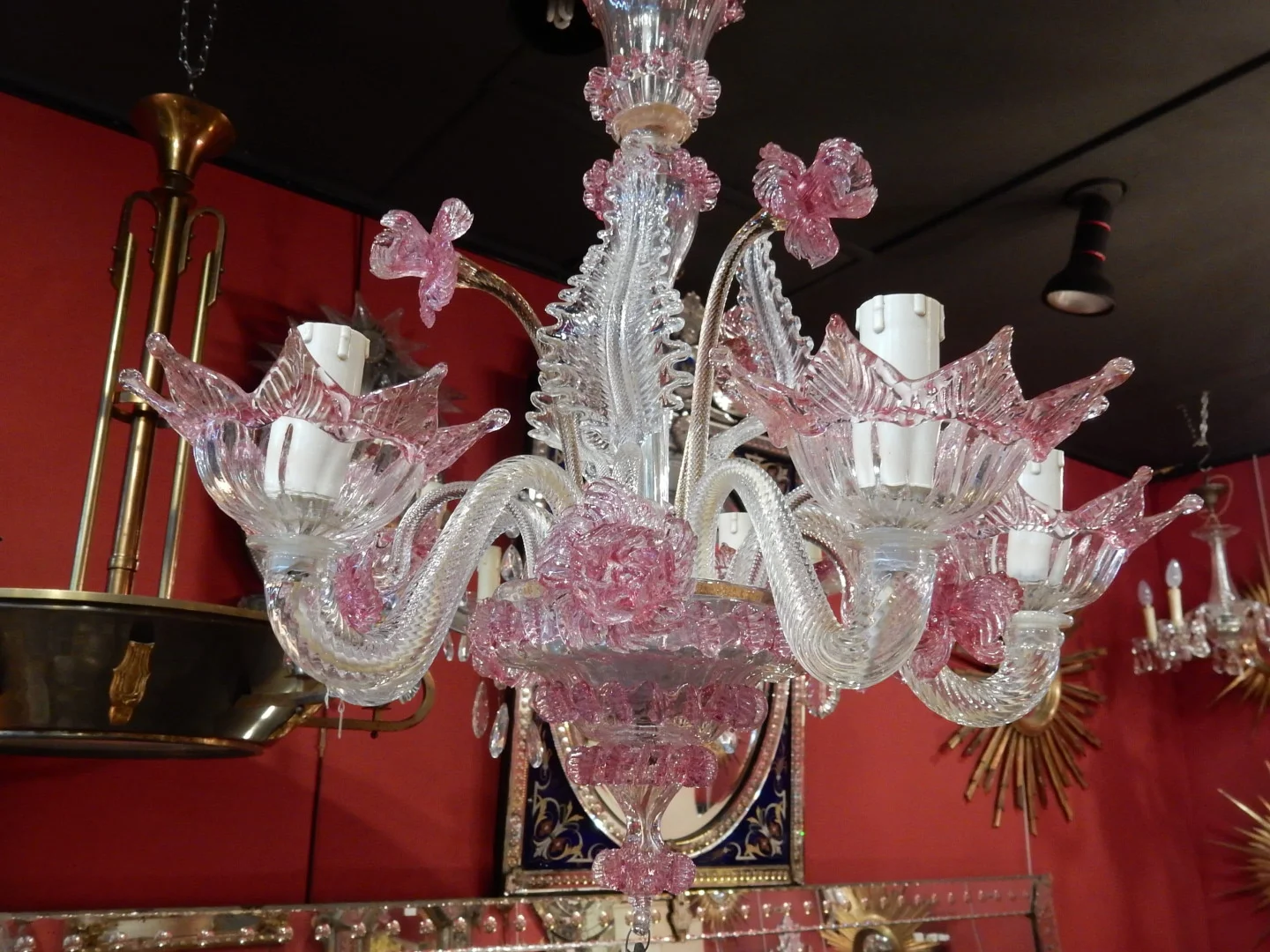 1950/70 Paire de Lustres Murano 5 Bras Cristal Naturel et Cristal Couleur Rose