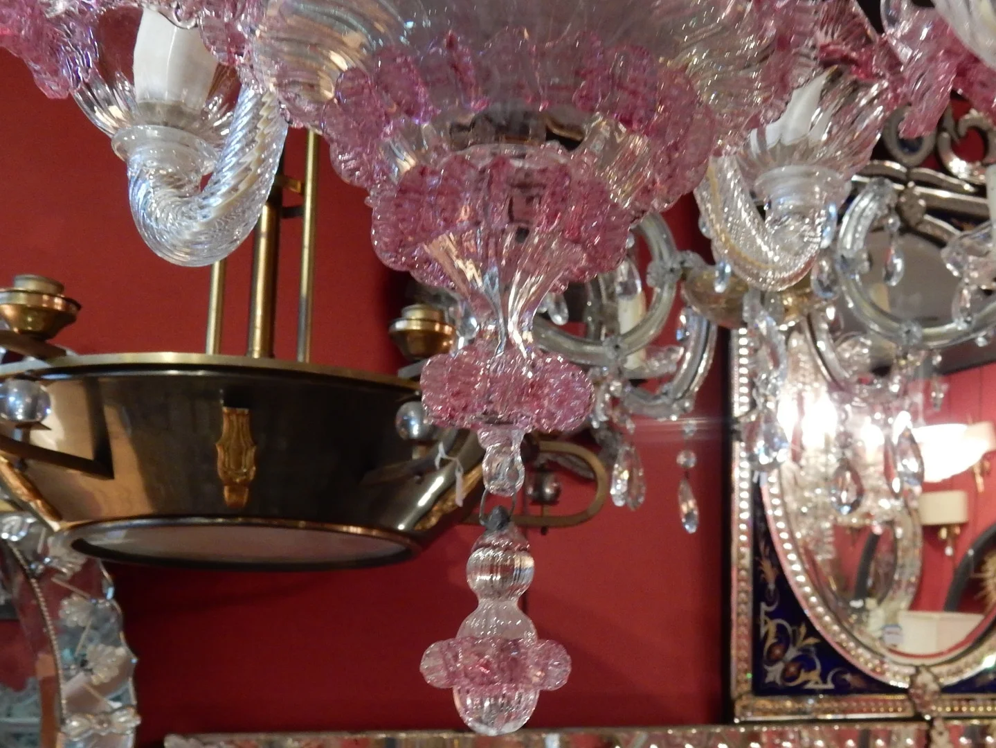 1950/70 Paire de Lustres Murano 5 Bras Cristal Naturel et Cristal Couleur Rose