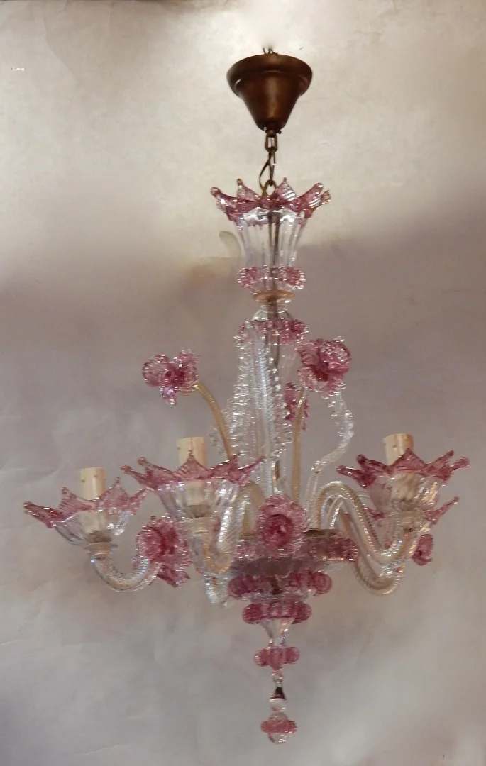 1950/70 Paire de Lustres Murano 5 Bras Cristal Naturel et Cristal Couleur Rose