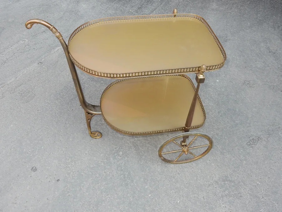 1970′ Rolling Bar in Bronze and Golden Brass Maison Jansen 3 Wheels
