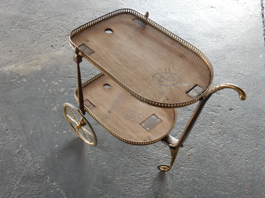 1970′ Rolling Bar in Bronze and Golden Brass Maison Jansen 3 Wheels