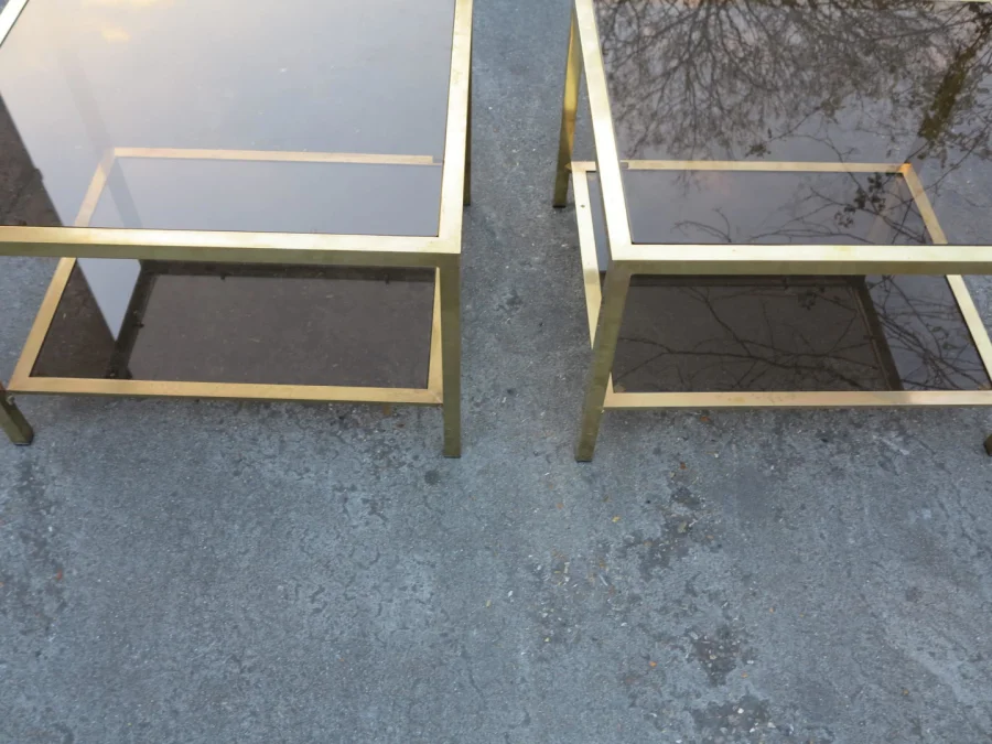 1970/80 Pair of Rectangular Brass Sofa Ends with Smoked Glass Trays