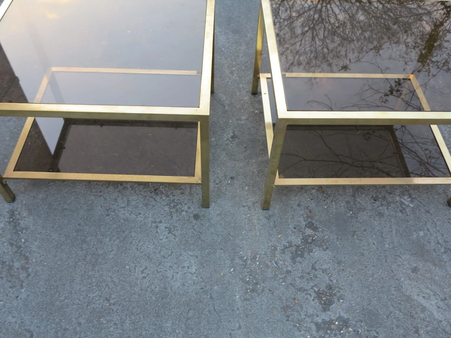 1970/80 Pair of Rectangular Brass Sofa Ends with Smoked Glass Trays