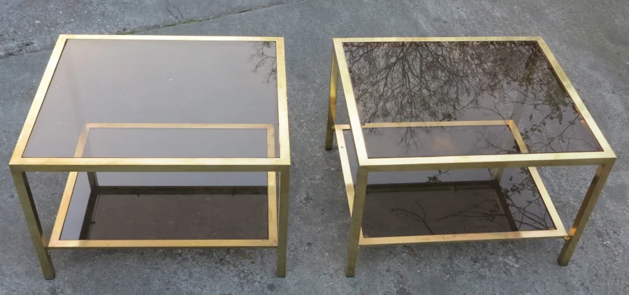 1970/80 Pair of Rectangular Brass Sofa Ends with Smoked Glass Trays