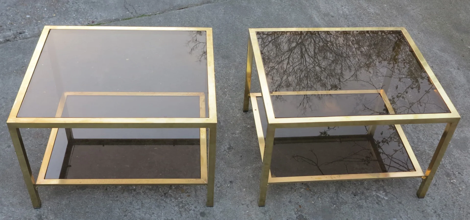 1970/80 Pair of Rectangular Brass Sofa Ends with Smoked Glass Trays