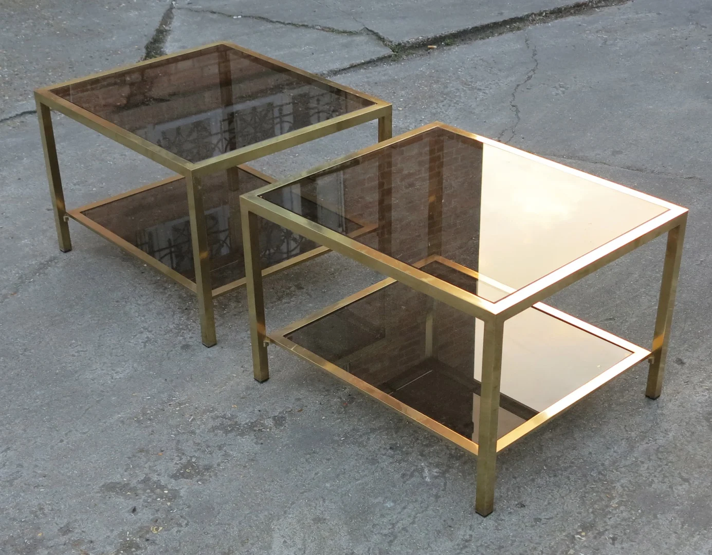 1970/80 Pair of Rectangular Brass Sofa Ends with Smoked Glass Trays