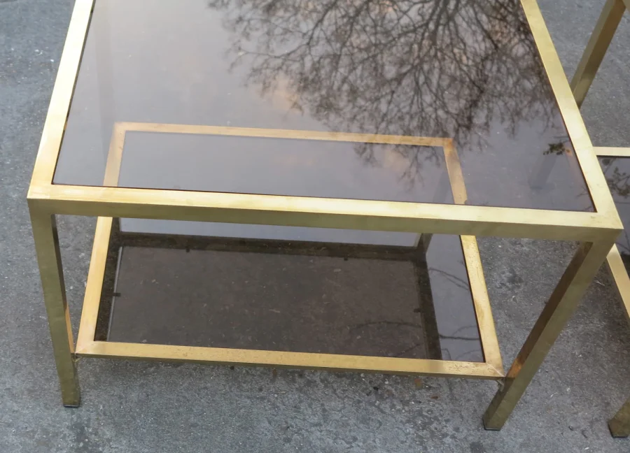 1970/80 Pair of Rectangular Brass Sofa Ends with Smoked Glass Trays