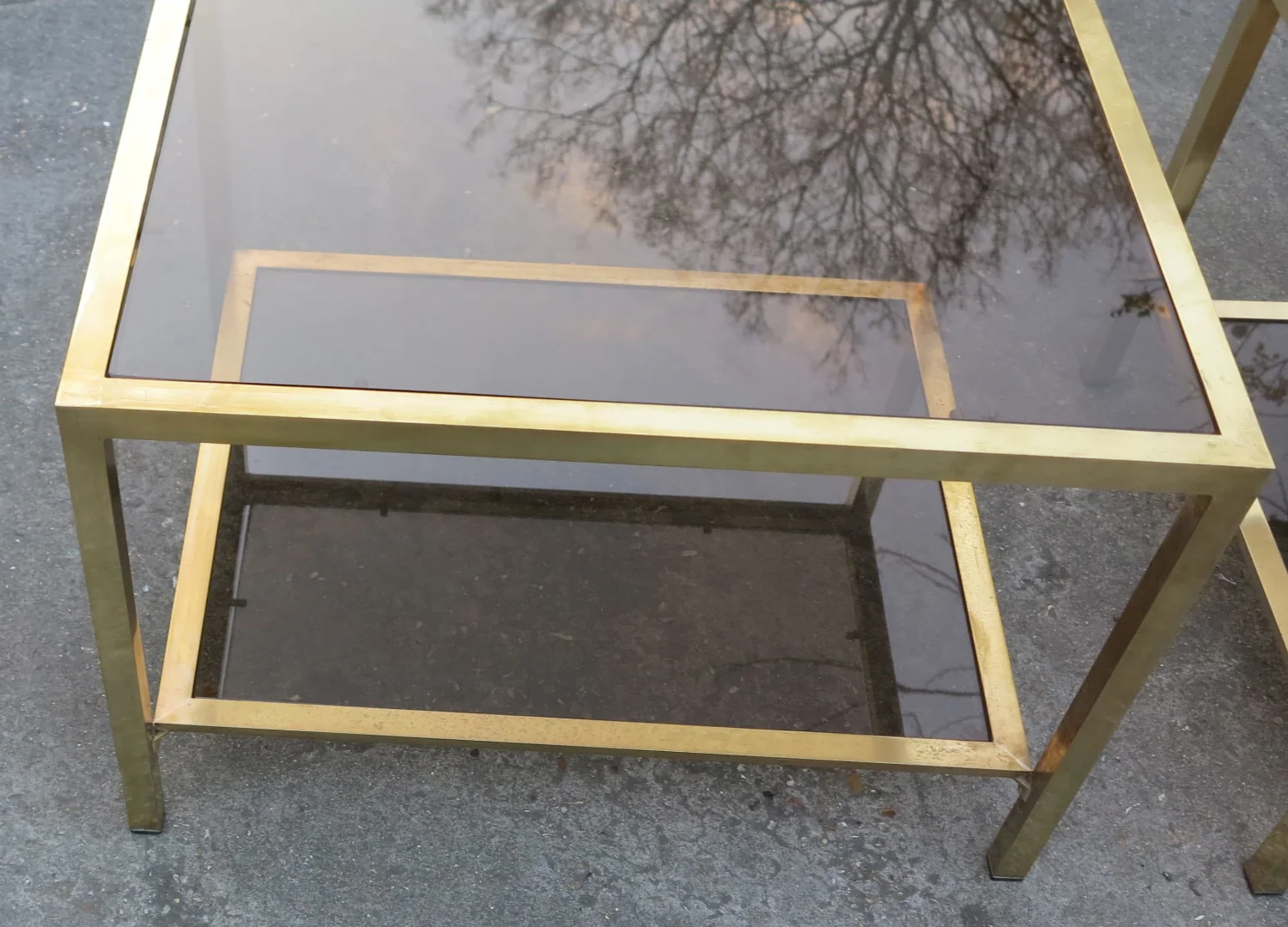 1970/80 Pair of Rectangular Brass Sofa Ends with Smoked Glass Trays