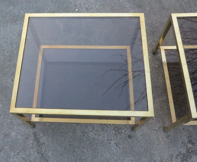 1970/80 Pair of Rectangular Brass Sofa Ends with Smoked Glass Trays