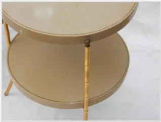 1970/80′ Pair of Tripod Pedestal Tables Bamboo Decor, Maison Jansen Style Lacquered Tops