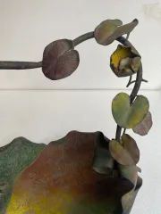 1900′ Art Nouveau Patinated Bronze Fruit Basket, Japanese Crane And Water Lilies