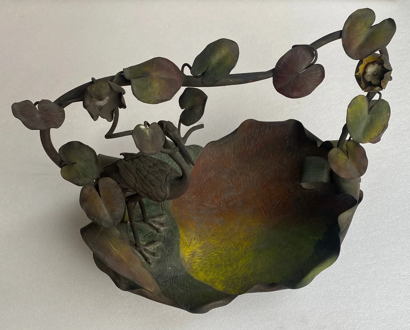 1900′ Corbeille A Fruit Bronze Patiné Art Nouveau, Grue Du Japon Et Nénuphars