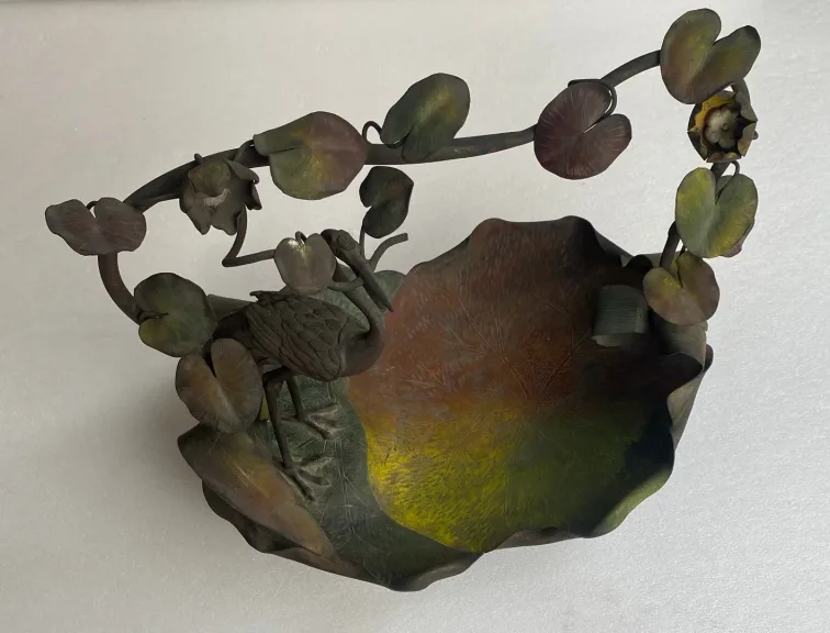1900′ Art Nouveau Patinated Bronze Fruit Basket, Japanese Crane And Water Lilies