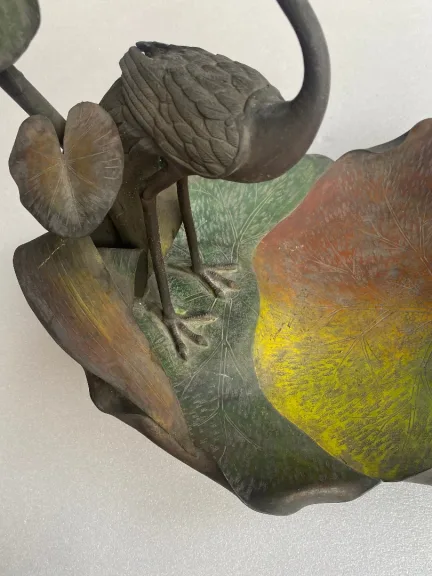 1900′ Art Nouveau Patinated Bronze Fruit Basket, Japanese Crane And Water Lilies