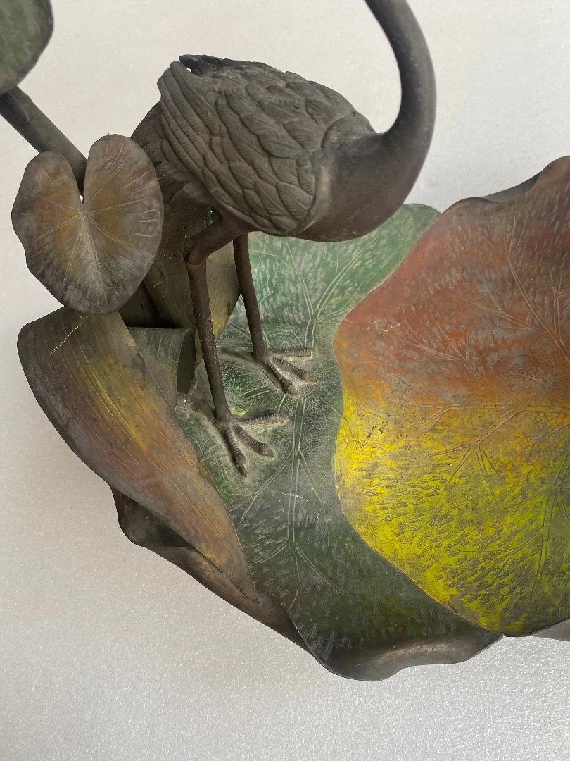 1900′ Corbeille A Fruit Bronze Patiné Art Nouveau, Grue Du Japon Et Nénuphars