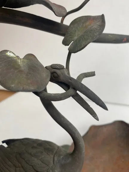 1900′ Art Nouveau Patinated Bronze Fruit Basket, Japanese Crane And Water Lilies