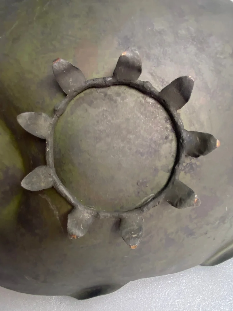 1900′ Corbeille A Fruit Bronze Patiné Art Nouveau, Grue Du Japon Et Nénuphars