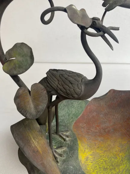 1900′ Art Nouveau Patinated Bronze Fruit Basket, Japanese Crane And Water Lilies