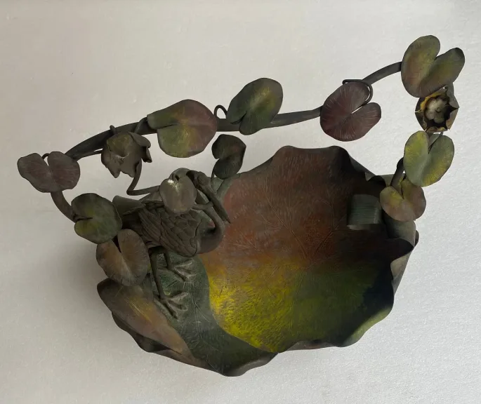 1900′ Art Nouveau Patinated Bronze Fruit Basket, Japanese Crane And Water Lilies