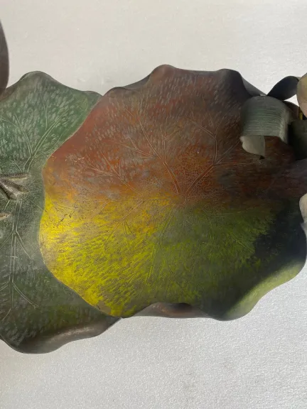 1900′ Art Nouveau Patinated Bronze Fruit Basket, Japanese Crane And Water Lilies