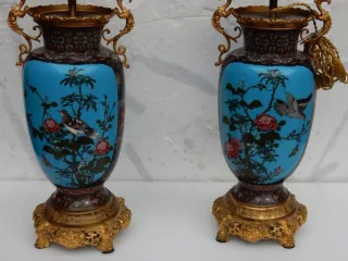 1890′ Pair of Japanese Cloisonné Lamps With Birds and Dragons