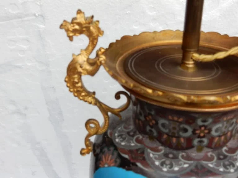 1890′ Paire de Lampes Cloisonnées Japon Aux Oiseaux et Dragons