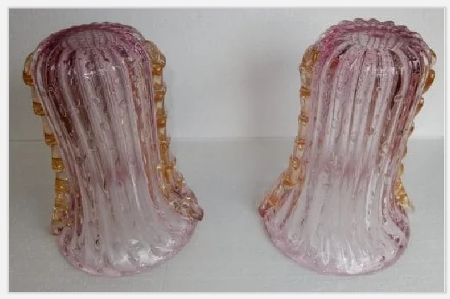 1970′ Pair of Vases or Similar Murano Crystal Pink and Gold Signed Toso