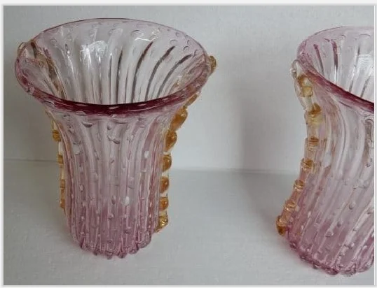 1970′ Pair of Vases or Similar Murano Crystal Pink and Gold Signed Toso