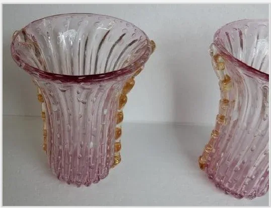 1970′ Paire de Vases Ou Similaires Cristal Murano Rose et Or Signés Toso