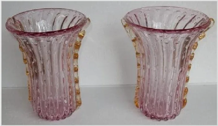 1970′ Paire de Vases Ou Similaires Cristal Murano Rose et Or Signés Toso