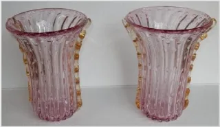 1970′ Pair of Vases or Similar Murano Crystal Pink and Gold Signed Toso